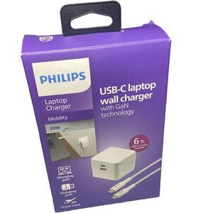 Philips 67.5W GaN USB-C PD Wall Charger + 6ft Cable, Dual Port, BOX WEAR See Pic